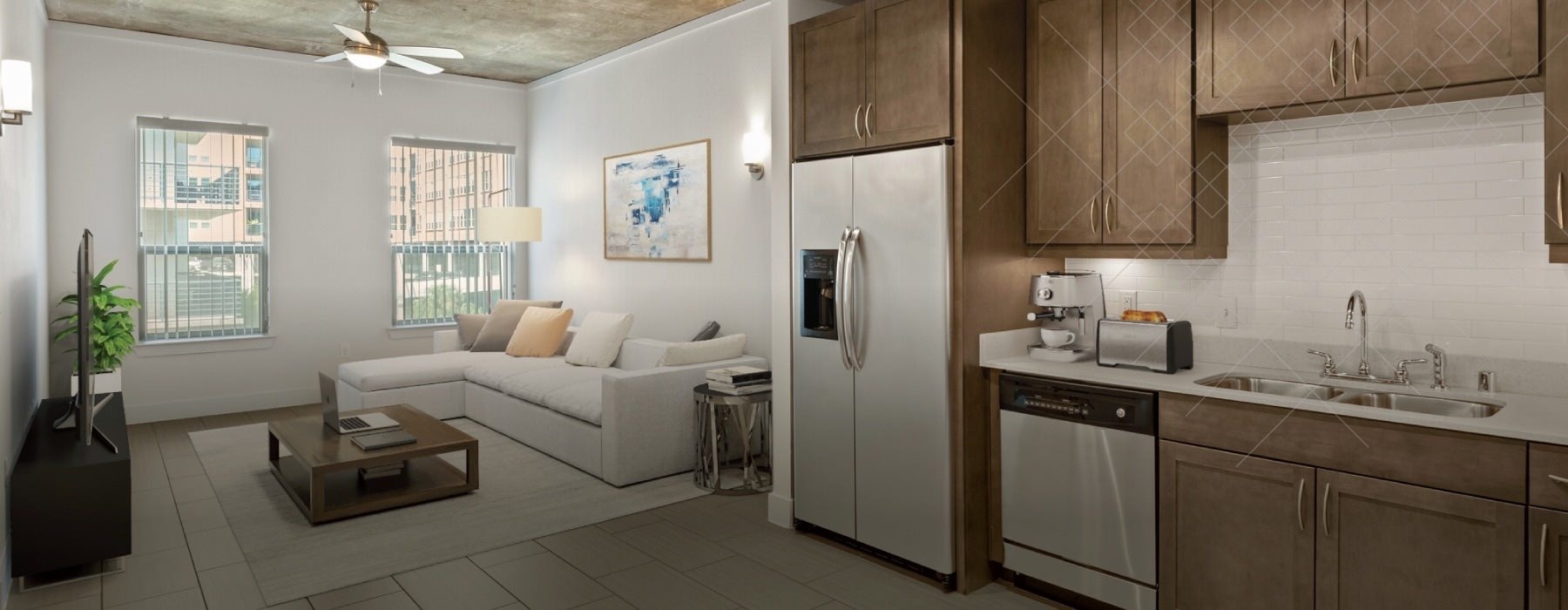 a living room with a couch and a table