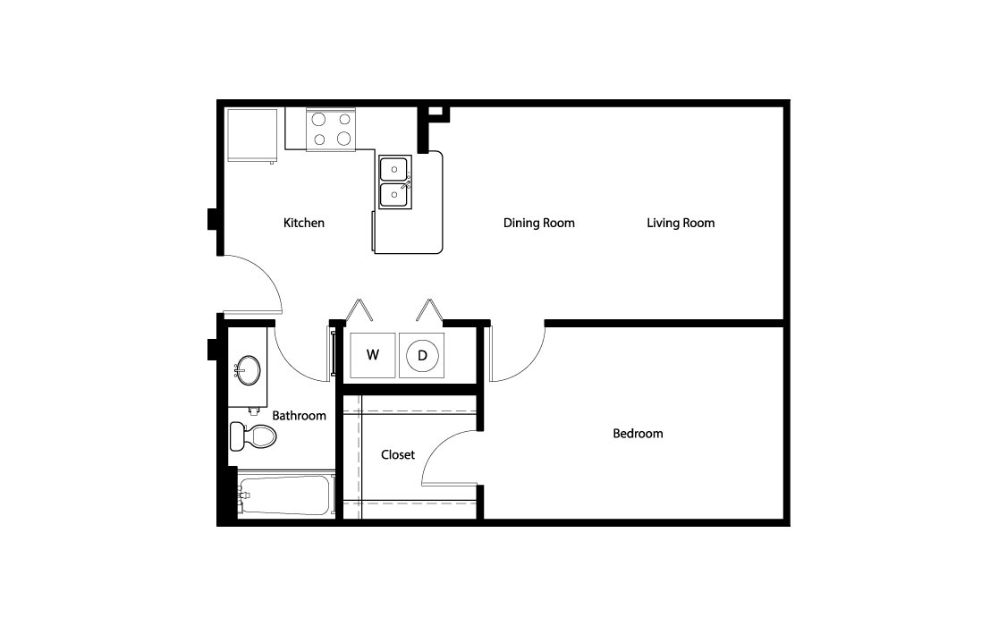 A-1 - 1 bedroom floorplan layout with 1 bathroom and 636 square feet